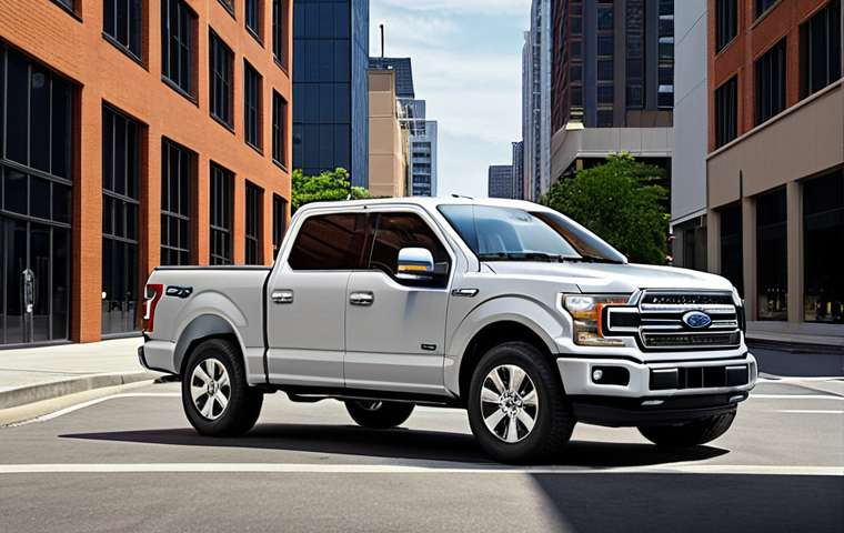 **Prompt:** Ford F-150 Hybrid in a modern urban setting, showcasing its sleek design and fuel efficiency. The scene should emphasize technology and comfort, with a focus on the interior's modern dashboard and user-friendly multimedia system. Consider adding visual elements such as a charging station or a cityscape background.