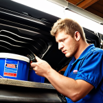**
A mechanic changing the oil and oil filter on a Ford Ranger in a typical Russian garage setting. Focus on the high-quality synthetic oil and the new, clean oil filter. Emphasis on the importance of using genuine Ford-recommended parts for engine longevity.
**