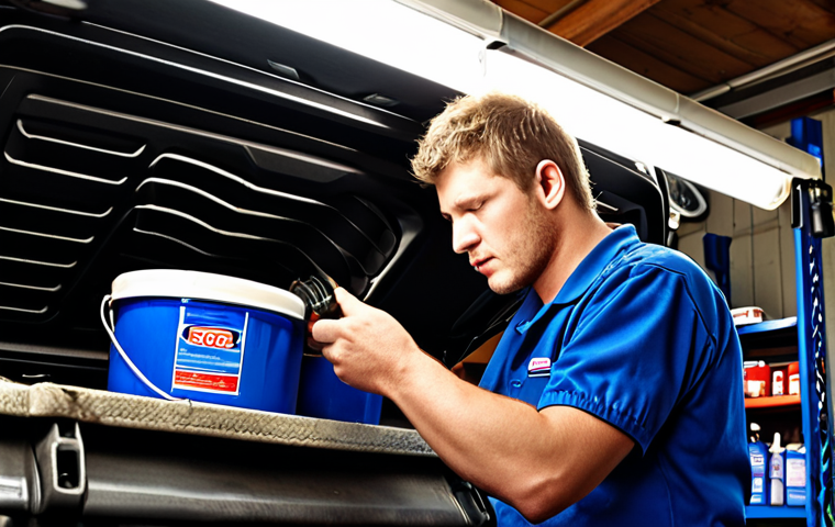 **
A mechanic changing the oil and oil filter on a Ford Ranger in a typical Russian garage setting. Focus on the high-quality synthetic oil and the new, clean oil filter. Emphasis on the importance of using genuine Ford-recommended parts for engine longevity.
**